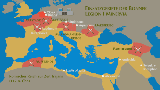 Karte des Römisches Reiches mit Einsatzgebieten der Bonner Legion I Minervia